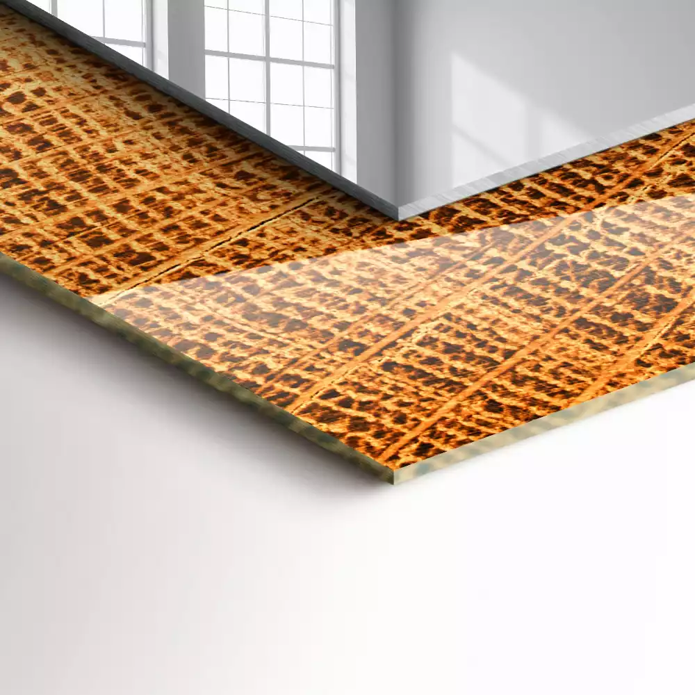 Lustro dekoracyjne z nadrukiem przedstawiającym przekrój pnia drzewa z widocznymi słojami