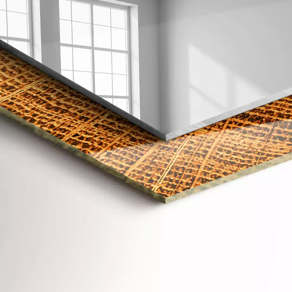 Lustro dekoracyjne z nadrukiem przedstawiającym przekrój pnia drzewa z widocznymi słojami