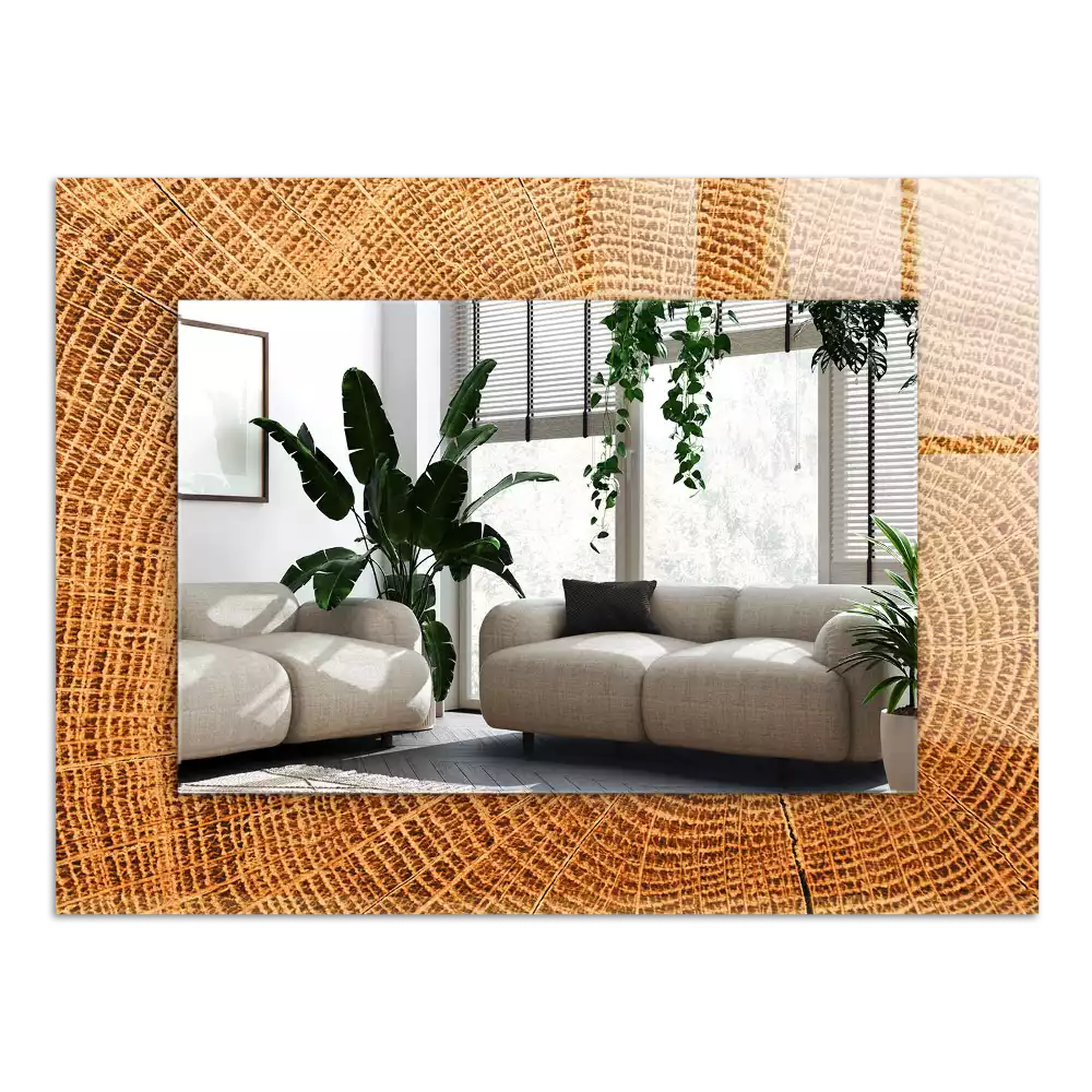 Lustro dekoracyjne z nadrukiem przedstawiającym przekrój pnia drzewa z widocznymi słojami