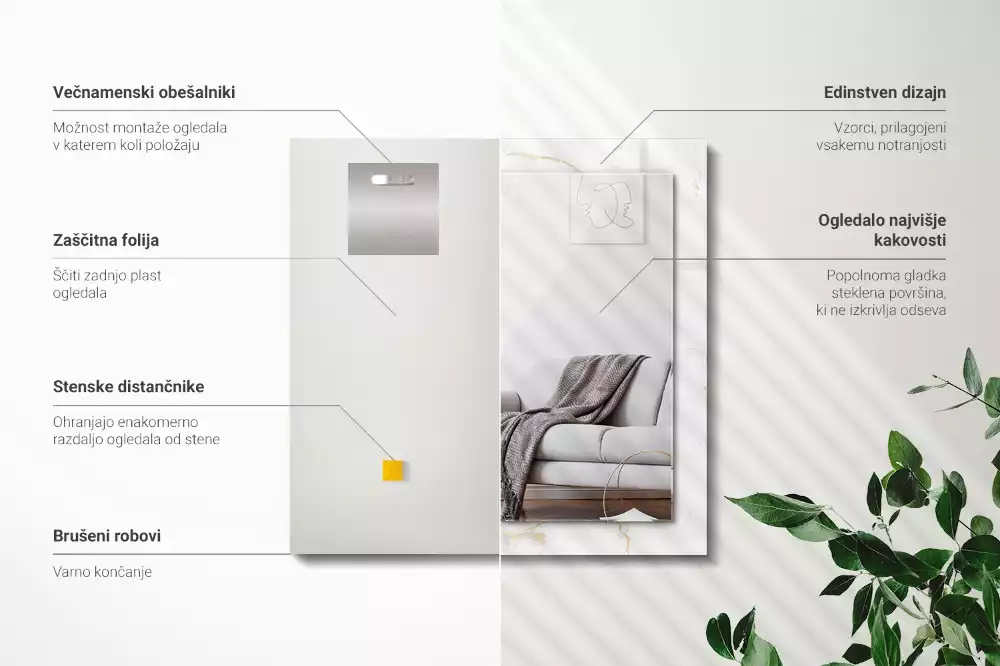 Lustro dekoracyjne prostokątne z nadrukiem w białym marmurowym wzorze