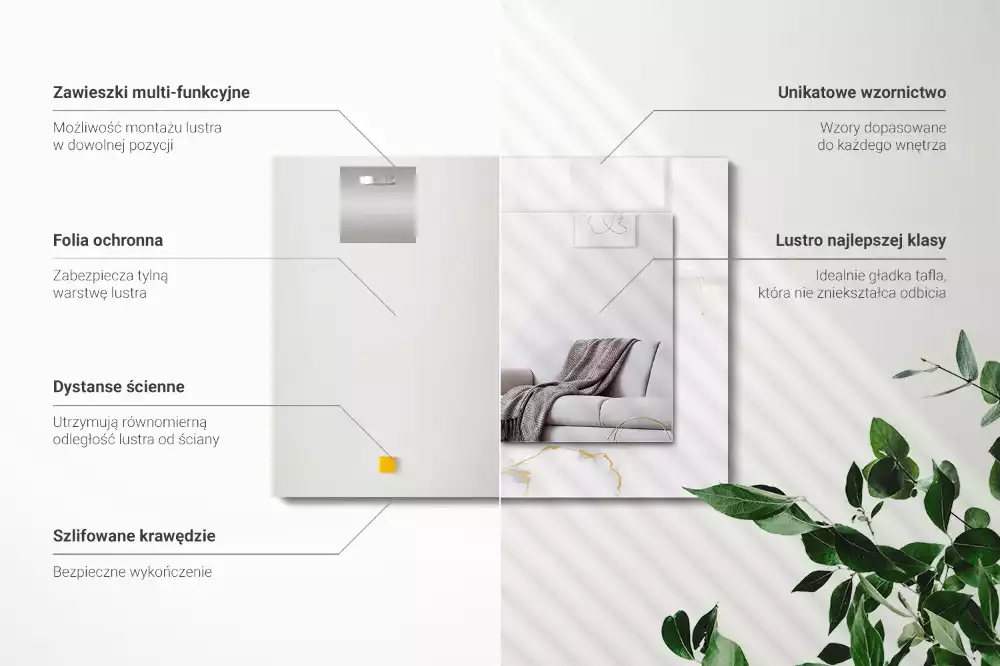 Lustro dekoracyjne prostokątne z nadrukiem w białym marmurowym wzorze