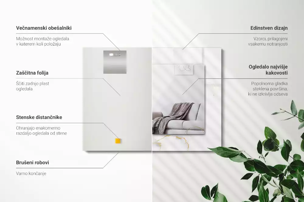 Lustro dekoracyjne prostokątne z nadrukiem w białym marmurowym wzorze