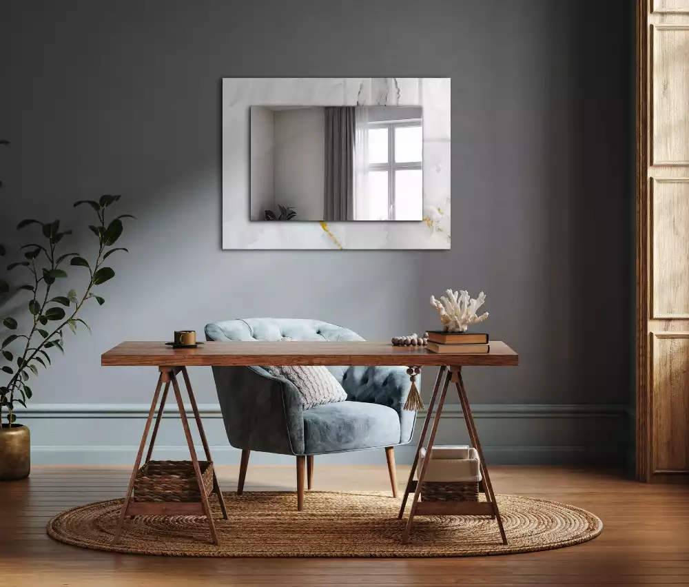 Lustro prostokątne z nadrukiem w motywie białego marmuru