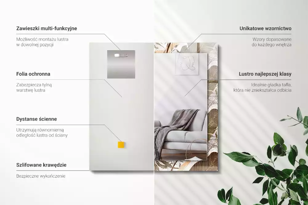 Lustro dekoracyjne prostokątne z motywem tropikalnych liści