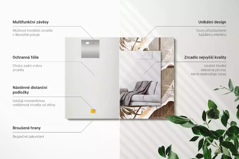 Lustro dekoracyjne prostokątne z motywem tropikalnych liści
