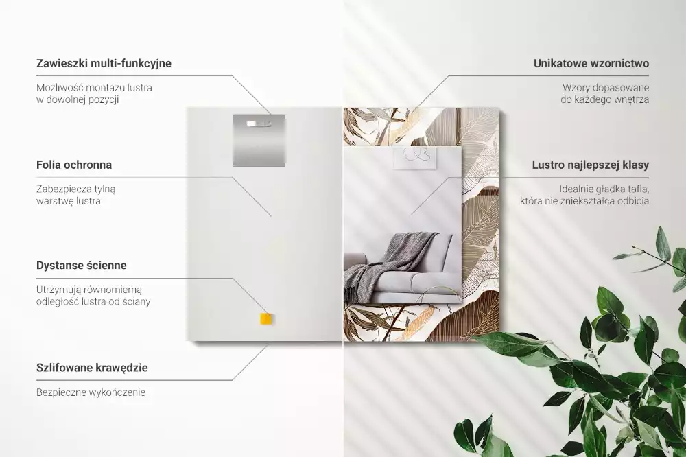 Lustro dekoracyjne prostokątne z motywem tropikalnych liści