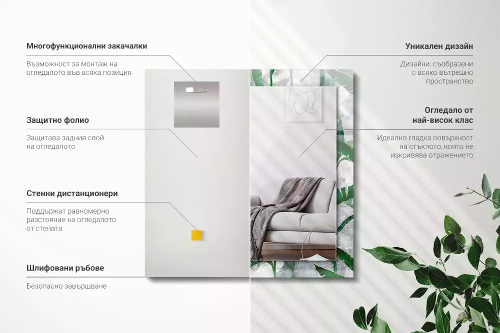 Lustro dekoracyjne z nadrukiem zielonych liści