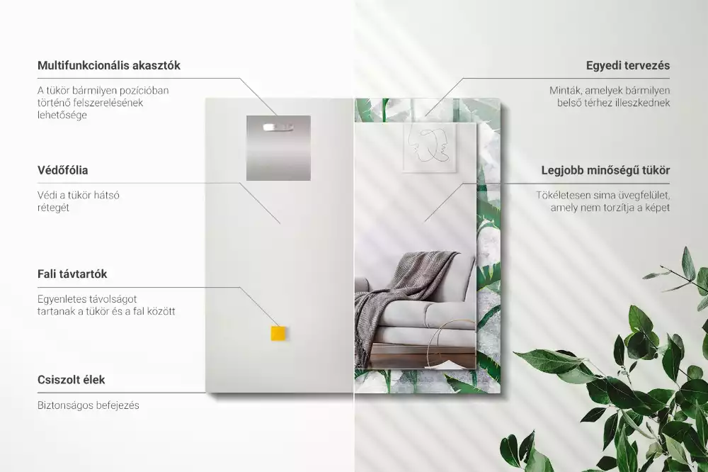 Lustro dekoracyjne z nadrukiem zielonych liści