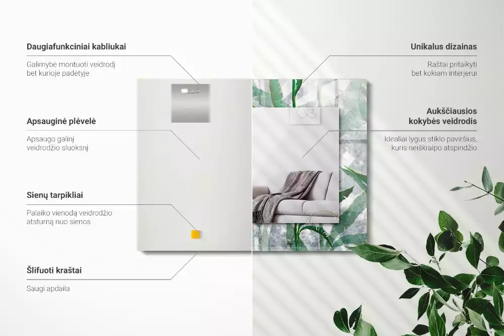 Lustro dekoracyjne z nadrukiem zielonych liści