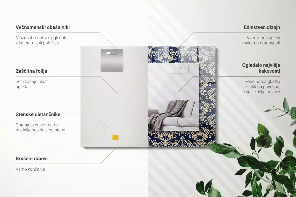 Lustro dekoracyjne prostokątne z wzorem wiktoriańskiej tapety