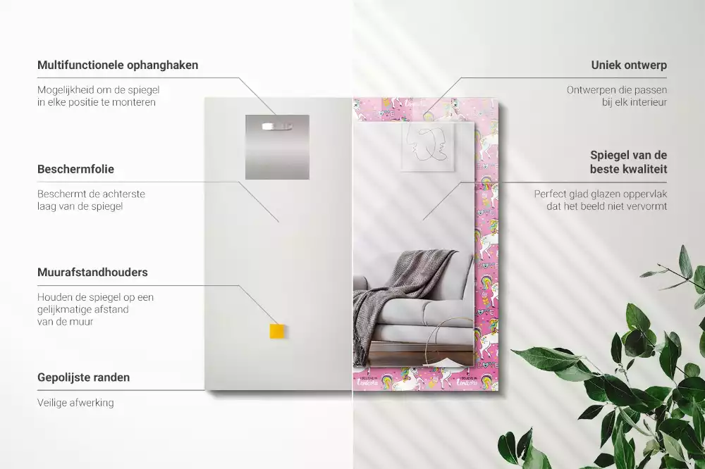 Lustro dekoracyjne z nadrukiem przedstawiającym jednorożce, tęcze i serca