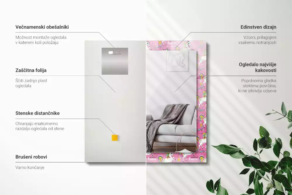 Lustro dekoracyjne z nadrukiem przedstawiającym jednorożce, tęcze i serca