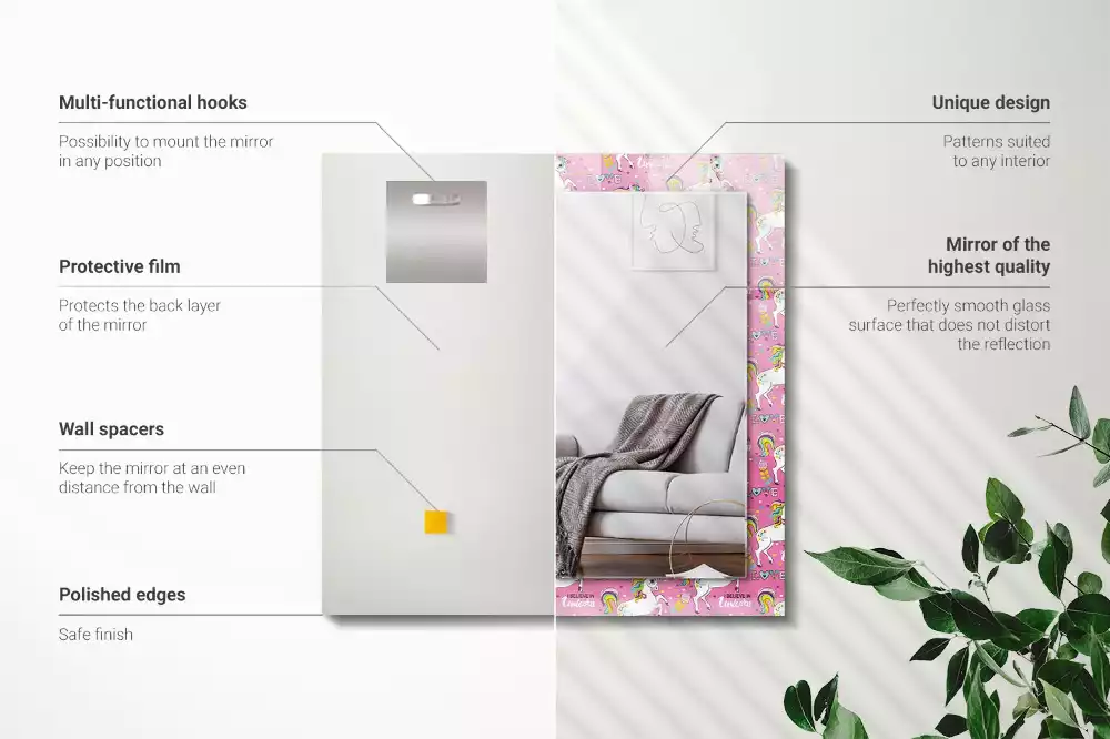 Lustro dekoracyjne z nadrukiem przedstawiającym jednorożce, tęcze i serca