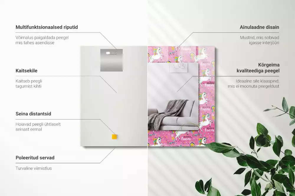 Lustro dekoracyjne z nadrukiem przedstawiającym jednorożce, tęcze i serca