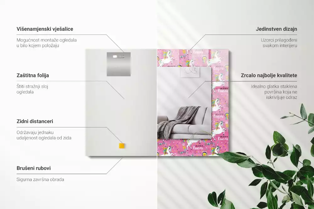 Lustro dekoracyjne z nadrukiem przedstawiającym jednorożce, tęcze i serca