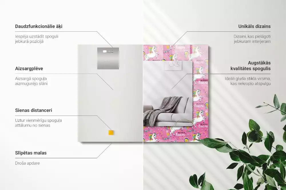 Lustro dekoracyjne z nadrukiem przedstawiającym jednorożce, tęcze i serca