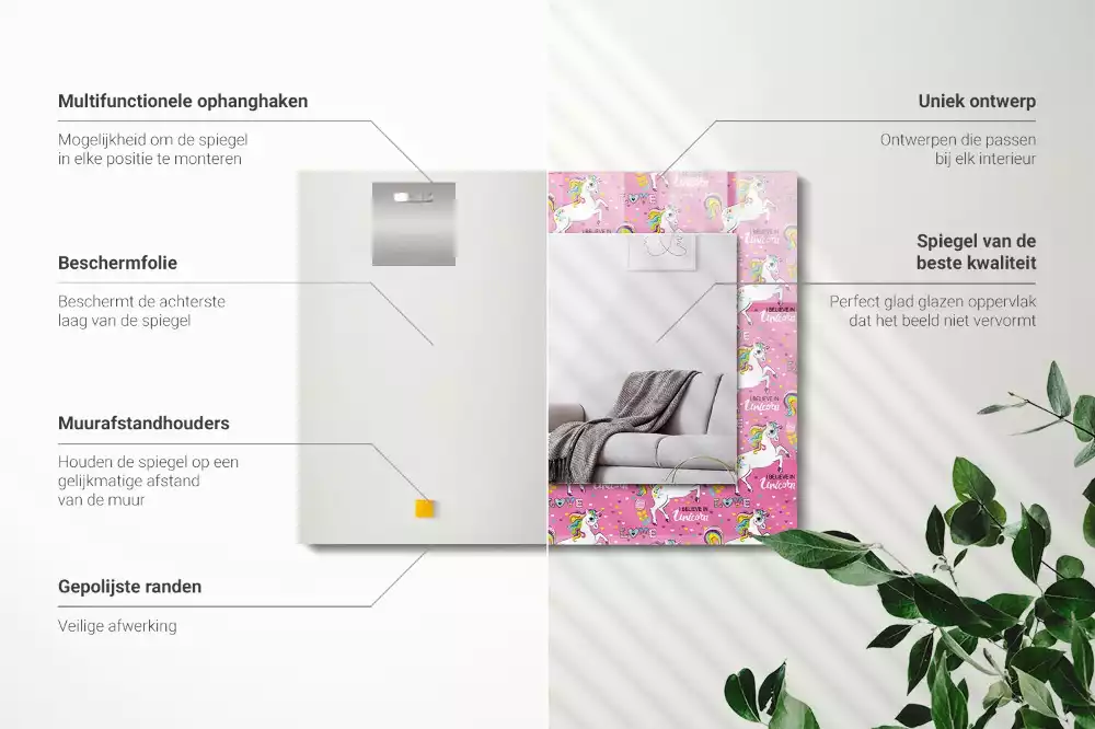 Lustro dekoracyjne z nadrukiem przedstawiającym jednorożce, tęcze i serca