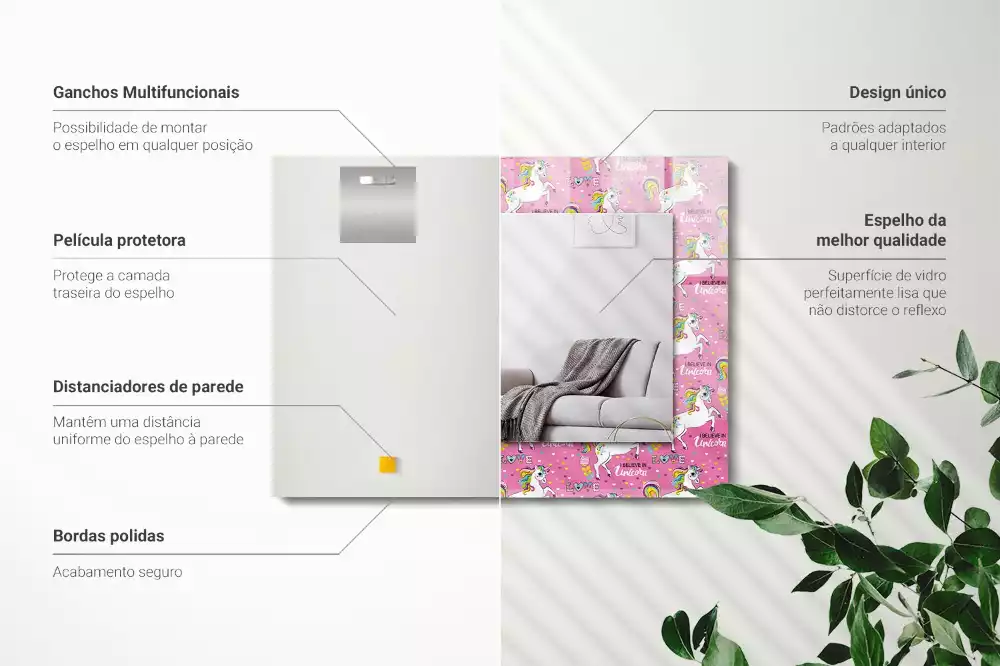 Lustro dekoracyjne z nadrukiem przedstawiającym jednorożce, tęcze i serca