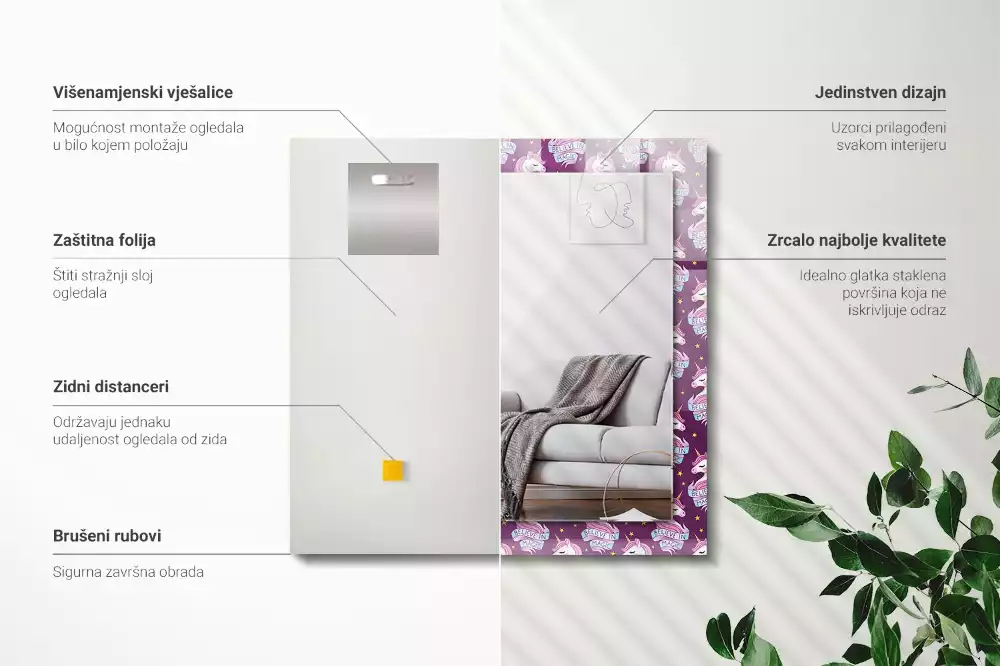 Lustro dekoracyjne z motywem jednorożców, gwiazd i napisu