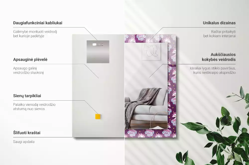 Lustro dekoracyjne z motywem jednorożców, gwiazd i napisu