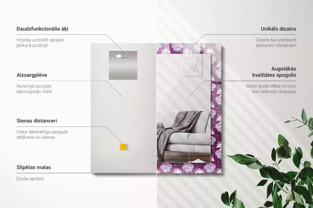 Lustro dekoracyjne z motywem jednorożców, gwiazd i napisu