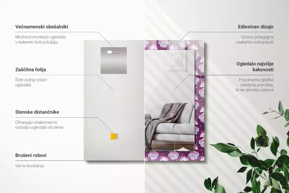 Lustro dekoracyjne z motywem jednorożców, gwiazd i napisu