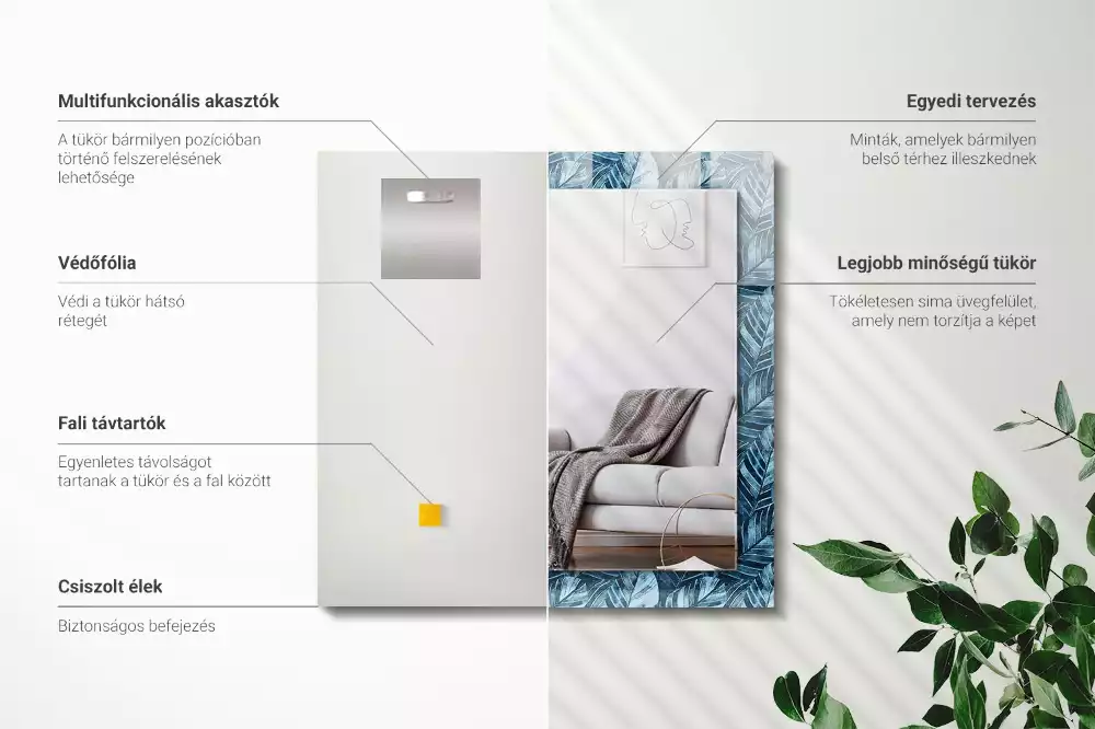 Lustro dekoracyjne z niebieskim motywem liści