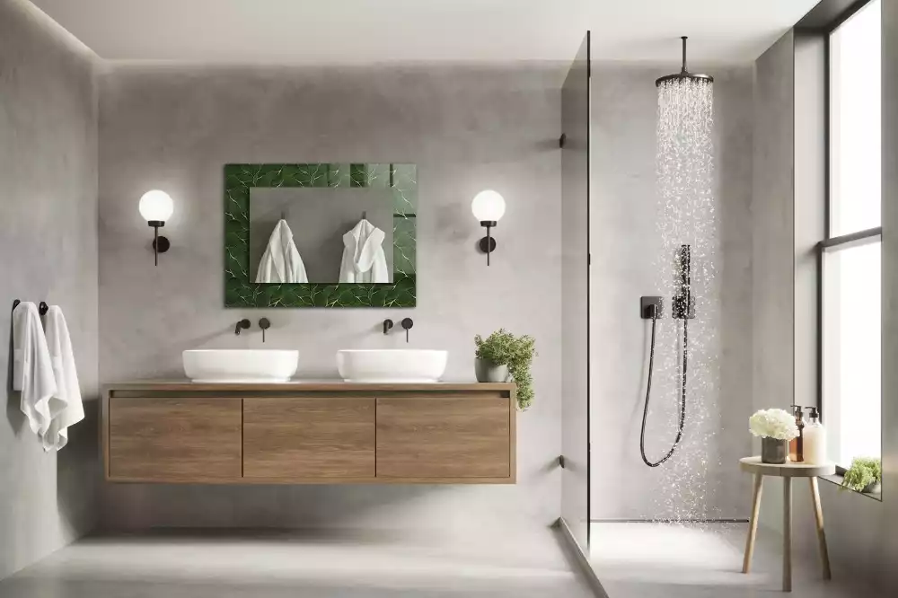 Lustro dekoracyjne z nadrukiem w zielone liście, w kształcie prostokąta