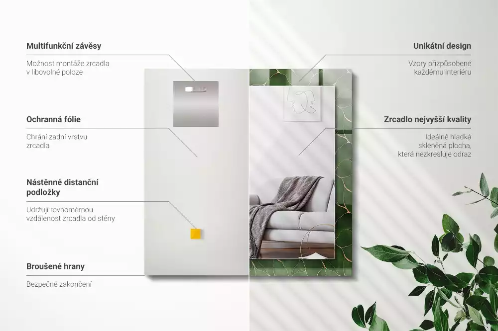 Lustro dekoracyjne z nadrukiem w zielone liście, w kształcie prostokąta