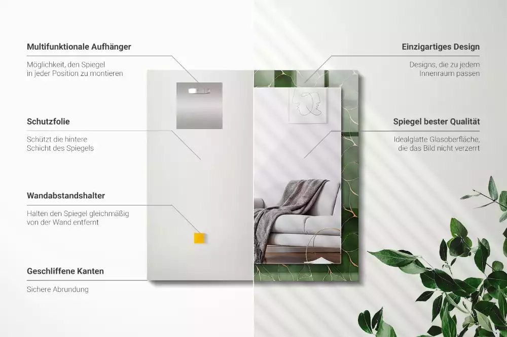 Lustro dekoracyjne z nadrukiem w zielone liście, w kształcie prostokąta