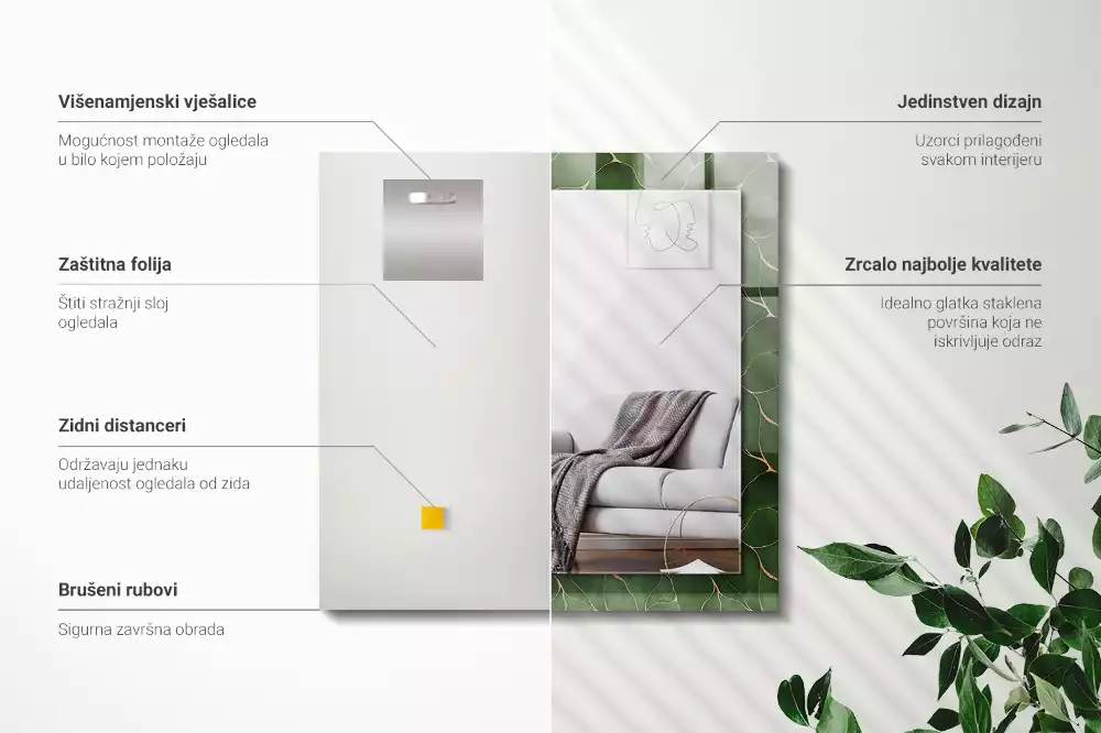 Lustro dekoracyjne z nadrukiem w zielone liście, w kształcie prostokąta