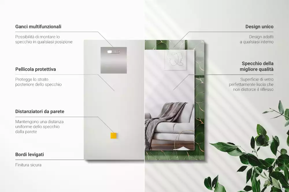 Lustro dekoracyjne z nadrukiem w zielone liście, w kształcie prostokąta