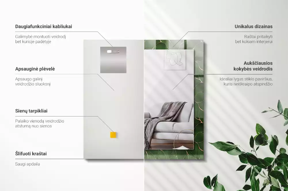 Lustro dekoracyjne z nadrukiem w zielone liście, w kształcie prostokąta