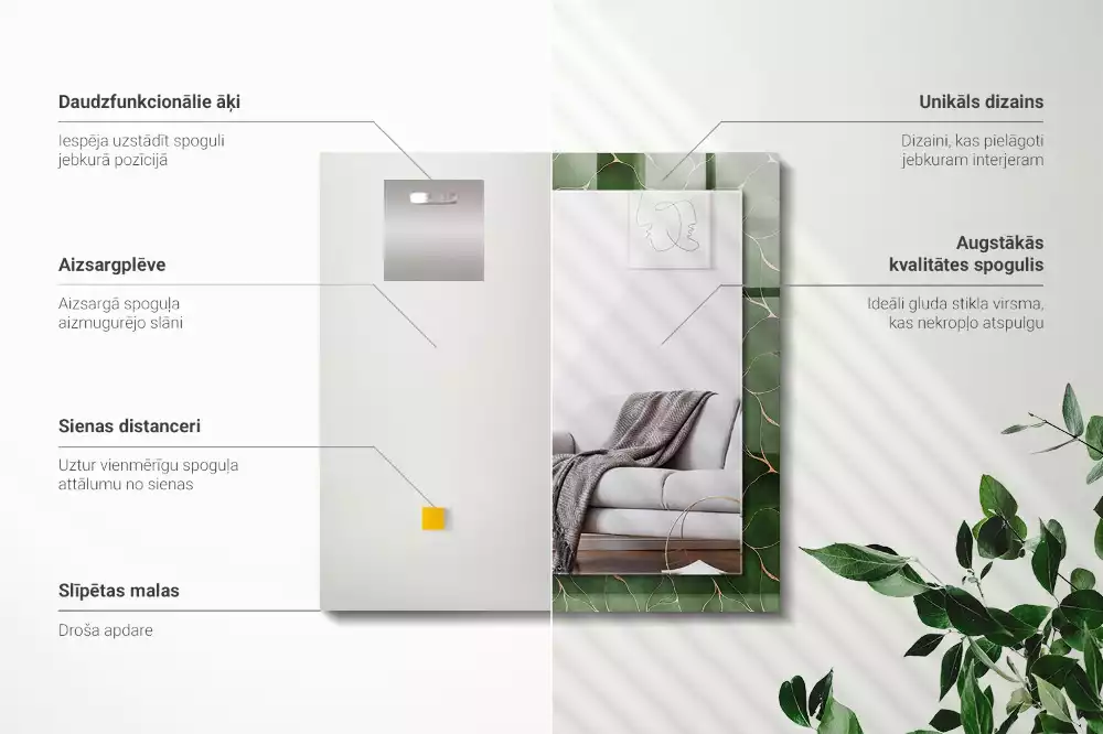 Lustro dekoracyjne z nadrukiem w zielone liście, w kształcie prostokąta