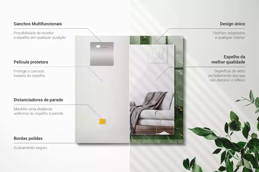 Lustro dekoracyjne z nadrukiem w zielone liście, w kształcie prostokąta