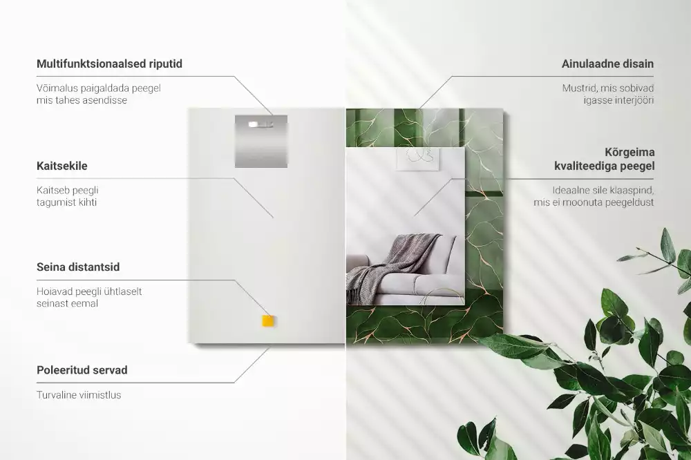 Lustro dekoracyjne z nadrukiem w zielone liście, w kształcie prostokąta