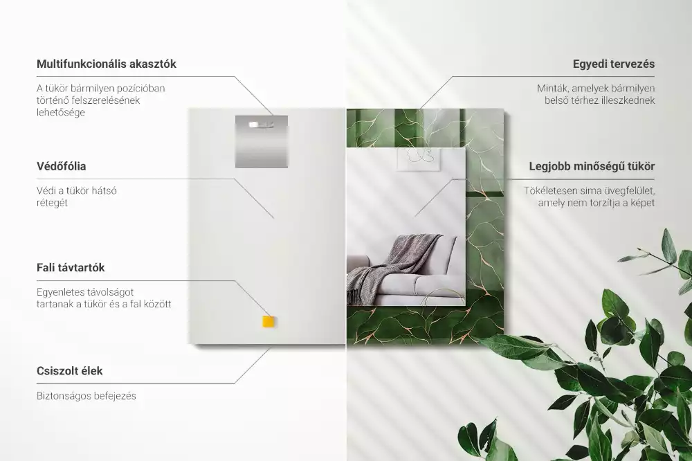 Lustro dekoracyjne z nadrukiem w zielone liście, w kształcie prostokąta