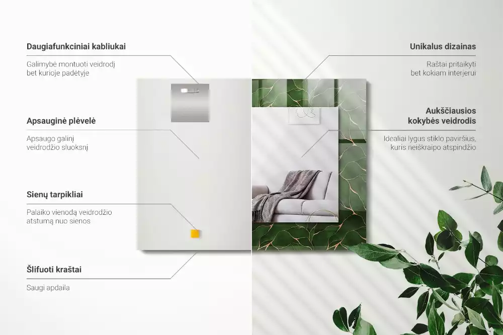 Lustro dekoracyjne z nadrukiem w zielone liście, w kształcie prostokąta