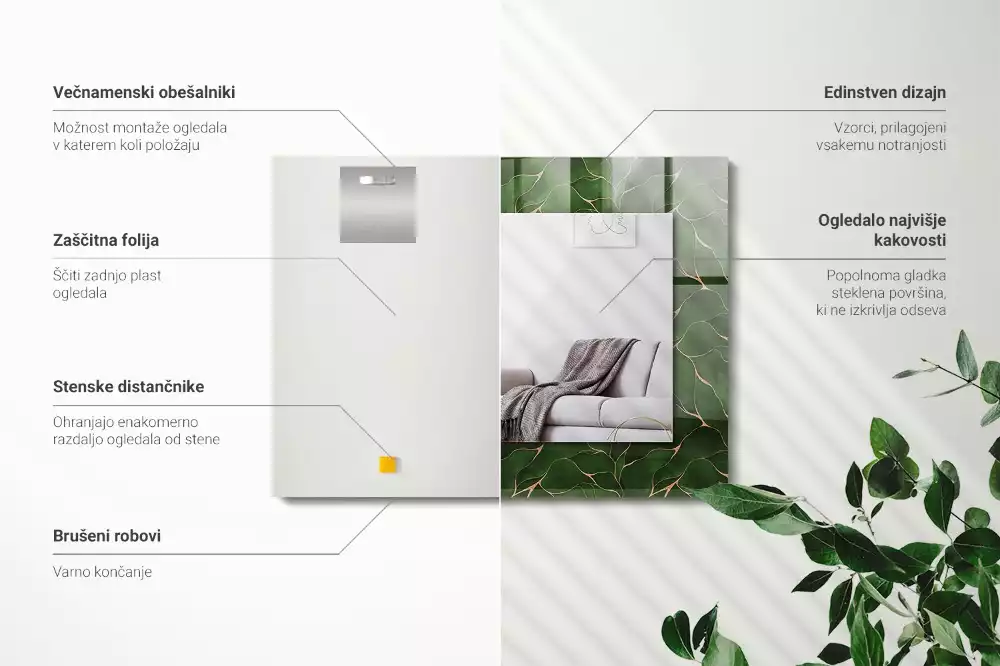 Lustro dekoracyjne z nadrukiem w zielone liście, w kształcie prostokąta