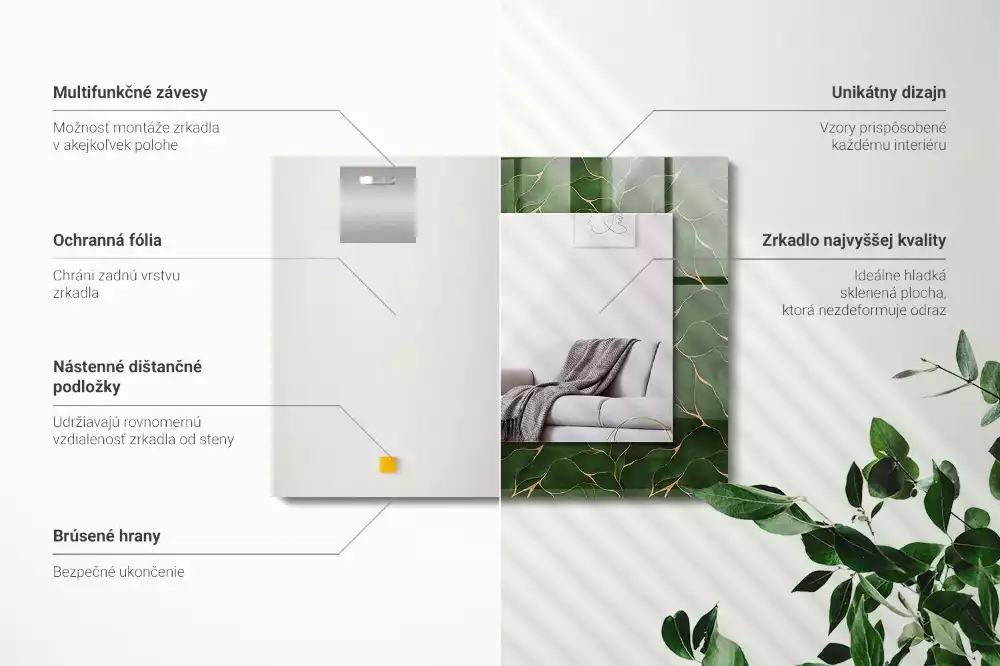 Lustro dekoracyjne z nadrukiem w zielone liście, w kształcie prostokąta