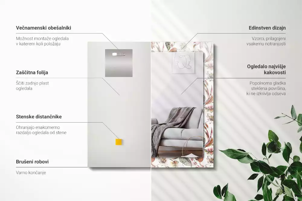 Lustro dekoracyjne prostokątne z motywem kwiatów i liści