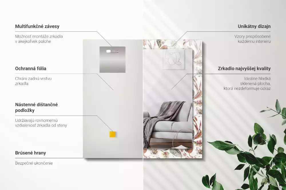 Lustro dekoracyjne prostokątne z motywem kwiatów i liści