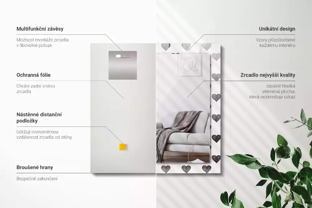 Lustro prostokątne z nadrukiem czarnych serc