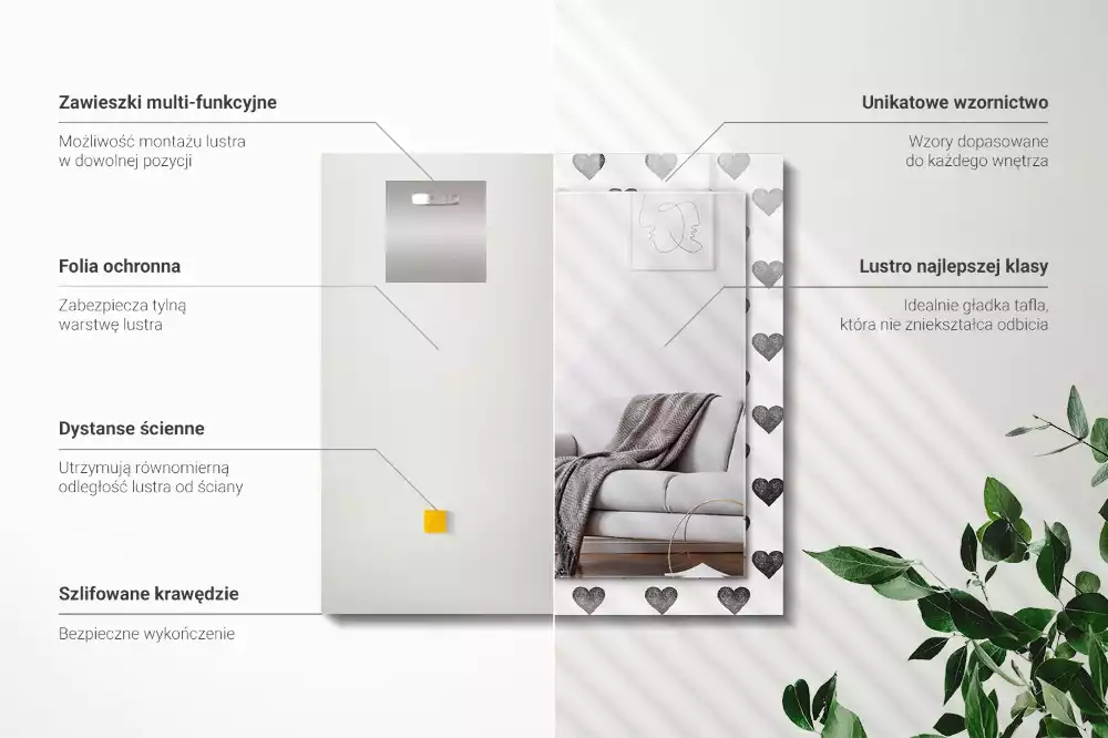 Lustro prostokątne z nadrukiem czarnych serc