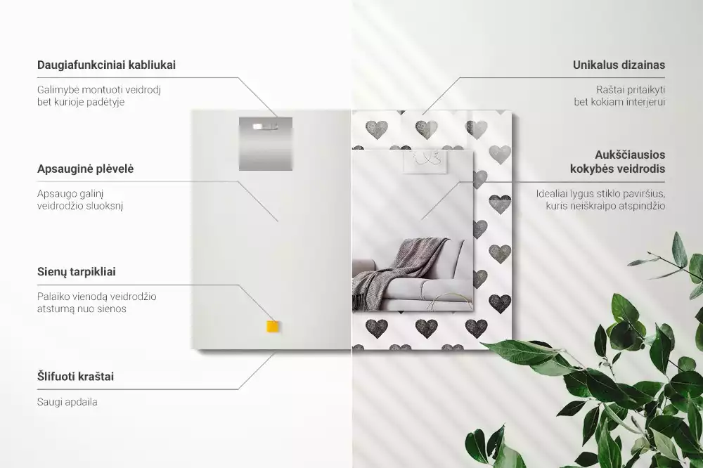 Lustro prostokątne z nadrukiem czarnych serc