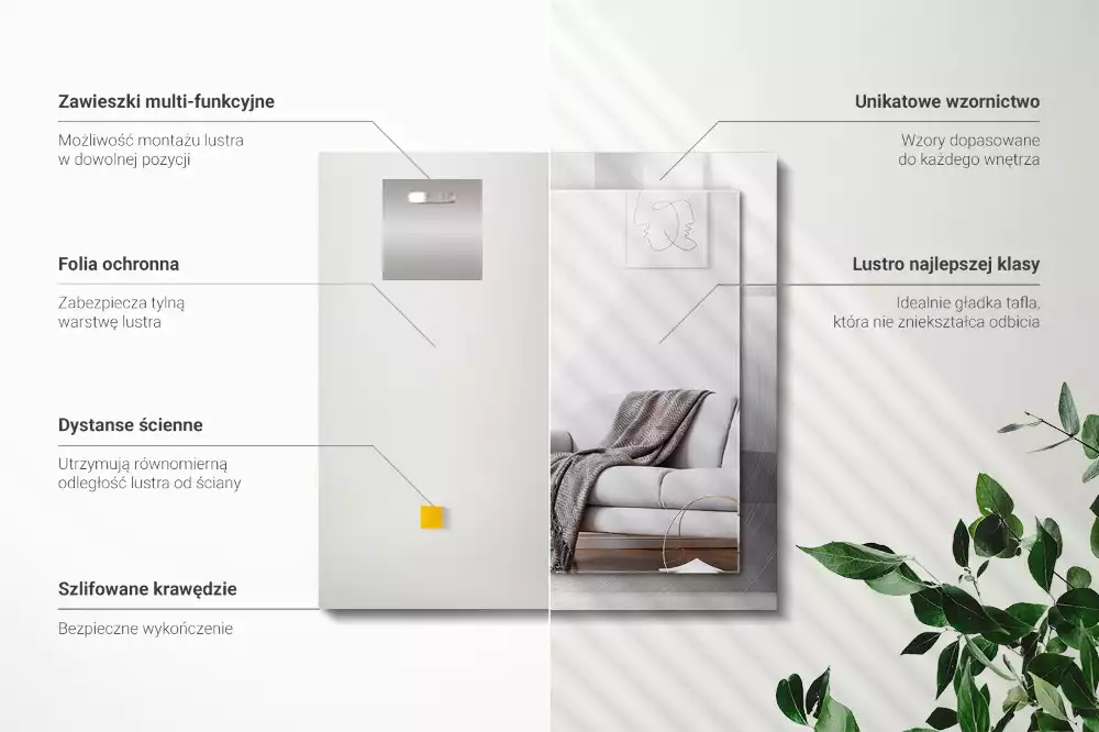 Lustro dekoracyjne z nadrukiem, metalową ramą i prostokątnym szkłem