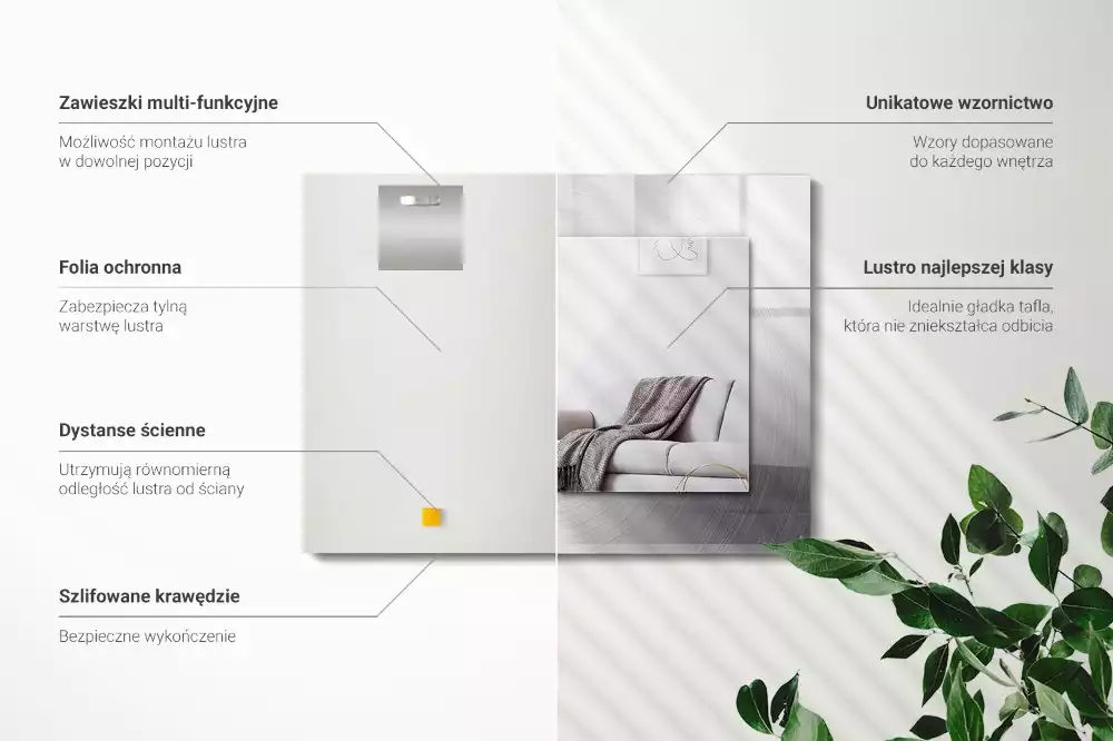 Lustro dekoracyjne z nadrukiem, metalową ramą i prostokątnym szkłem