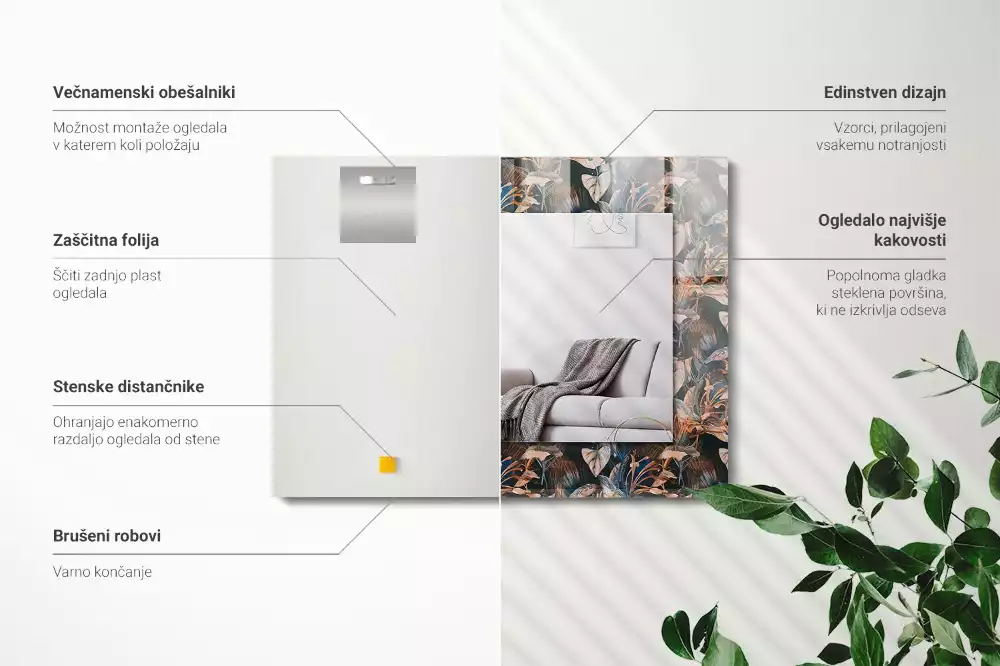 Lustro dekoracyjne prostokątne z nadrukiem w motyw kwiatów i liści