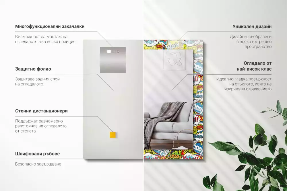 Lustro prostokątne z nadrukiem w kolorowe komiksowe dymki