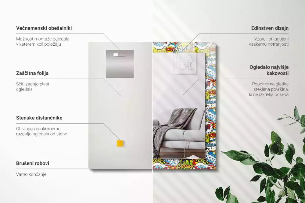 Lustro prostokątne z nadrukiem w kolorowe komiksowe dymki